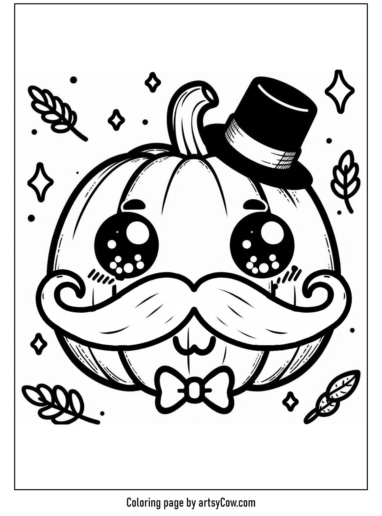 halloween coloring pages with jack-o-lantern showing a whimsical jack-o-lantern with a top hat, handlebar mustache, and twinkling eyes, surrounded by festive leaves and stars.